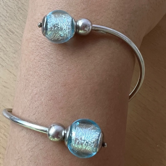 VINTAGE STERLING SILVER COIL WRAP CUFF BRACELET FROSTED AQUA BLUE MURANO GLASS - Picture 11 of 16